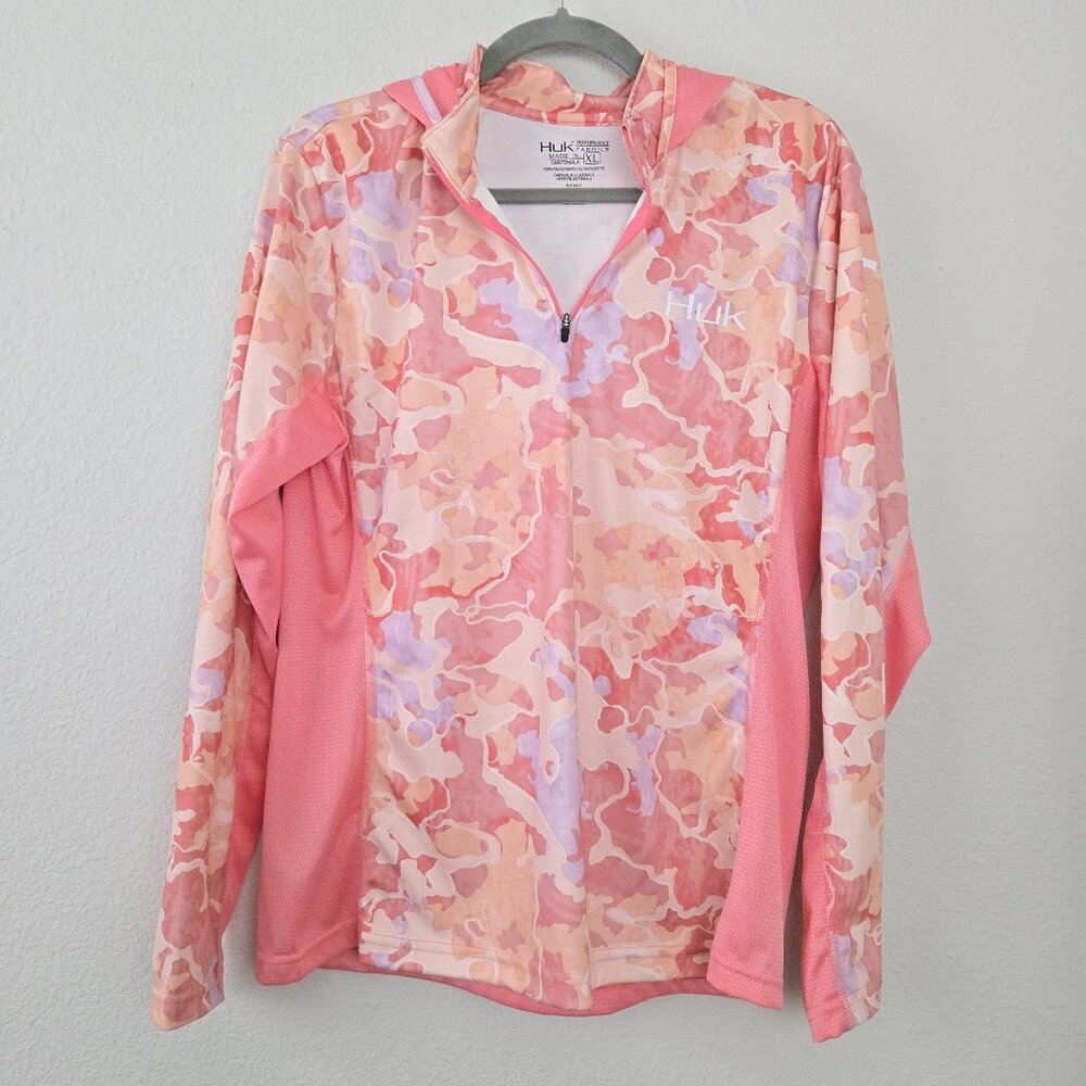 Huk Lightweight Quarter Zip Performance Fishing Long Sleeve Hoodie Coral Size XL